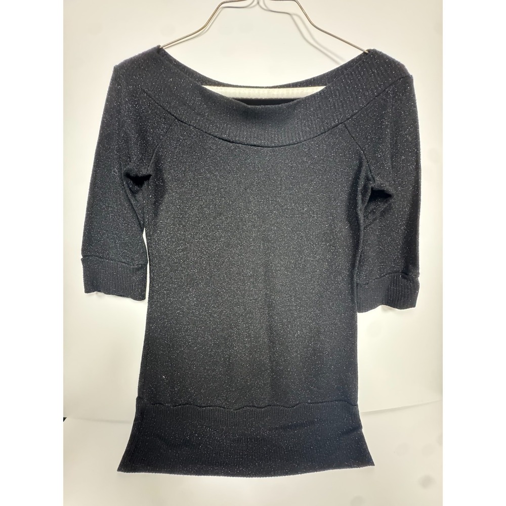 Candy Rain Off The Shoulder Blouse Top Womens Black Speckled Ribbed Knit Casual
